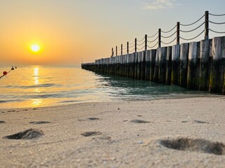 Wall Mural - Orange sea sunset, orange sea horizon, sunshine, evening warm light