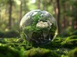 Crystal earth on green grass forest.  Environment and ecology concept.