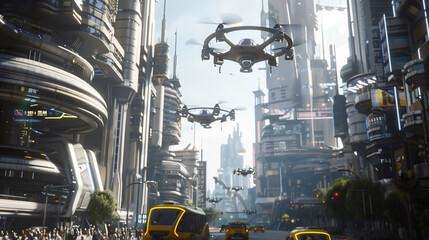 Poster - a futuristic city with a lot of traffic. the cars are all electric and the buildings are tall