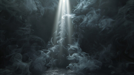 Poster - A black and white photo of a room with a lot of smoke and steam. The room is empty and the smoke is coming from a light source. The scene is mysterious and eerie