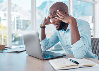Poster - Laptop, stress and business black man in office with mistake, glitch and error on computer. Burnout, overworked and worker with headache, stressed out and frustrated with crisis, issue and problem