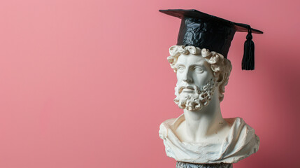 Wall Mural - Graduation party invitation. White head bust of David wearing a graduation cap on a pink background. Copy space. mortarboard on white antique head. Online courses, education, library, app