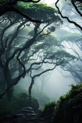 Wall Mural - morning in the forest with fog.