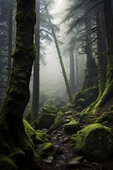 Wall Mural - morning in the forest with fog.