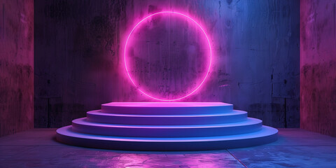 Wall Mural - A circular neon light installation on top of white steps in a moody, purple-lit room with textured walls.