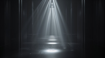 Poster - A dark room with a spotlight shining on the floor. The scene is mysterious and dramatic