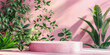 Indoor plants on a pink platform with sunlight casting shadows on a pastel wall, creating a tranquil, aesthetic environment.