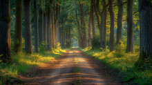 Panoramic View Of A Serene Forest Pathway, Tall Trees On Either Side Creating A Natural Tunnel, Peaceful And Tranquil Environment