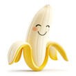 Delighted peeled banana character with a grin on white background