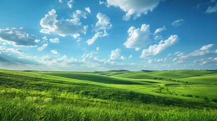 Canvas Print - b'Scenic landscape of green rolling hills under blue sky with white clouds'