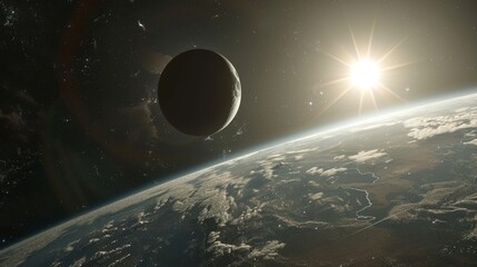 Wall Mural - eclipse: a 3d illustration of a solar eclipse, showing the moon passing between the sun and the eart