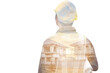 © Kwangmoozaa - Double exposure image of professional engineer in protective helmet and blueprints paper at building construction site