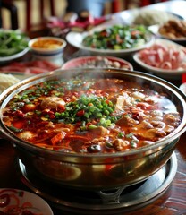 Wall Mural - A delicious and spicy hot pot with various ingredients