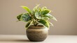b'A beautiful variegated Ficus triangularis plant in a ceramic pot.'