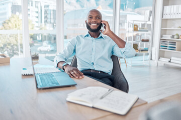 Aufkleber - Phone call, laptop and black businessman in workspace, office and professional space for work in corporate career. Conversation, employee and happy talking for planning, agenda and communication