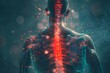 Human back with radiating red lines, depicting sharp spinal discomfort, heat map overlay