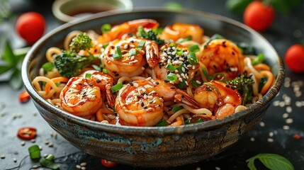 Stir fry noodles with vegetables and shrimps in black bowl. Slate background. Top view. Copy space