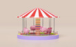 Carousel or merry go round with piggy bank isolated on pink background. 3d render illustration