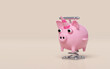 Playground piggy bank spring rider isolated on pink background. 3d render illustration