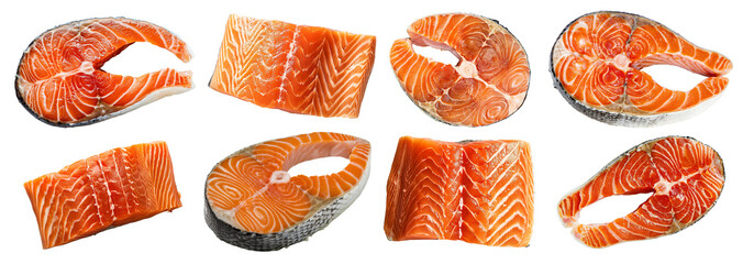 set of isolated raw salmon steaks