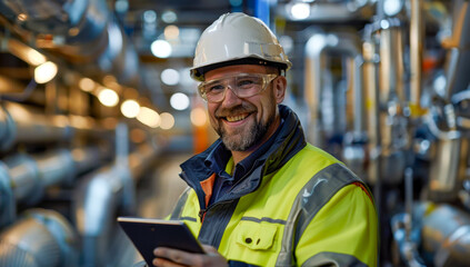 Wall Mural - Smiling technician with digital tablet at industrial facility