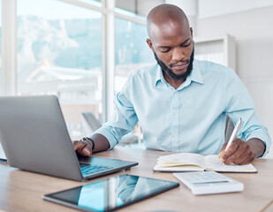 Poster - Writing, typing and black businessman multitask in office, workspace or professional for work in corporate career. Productivity, employee and laptop or notebook for planning, agenda and communication