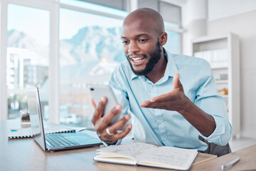 Aufkleber - Phone call, discussion and black businessman in office, workspace and professional space for work in corporate career. Conversation, employee and happy talking for planning, agenda and communication