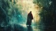 conceptual digital painting of jesus christ walking in the rain spiritual illustration