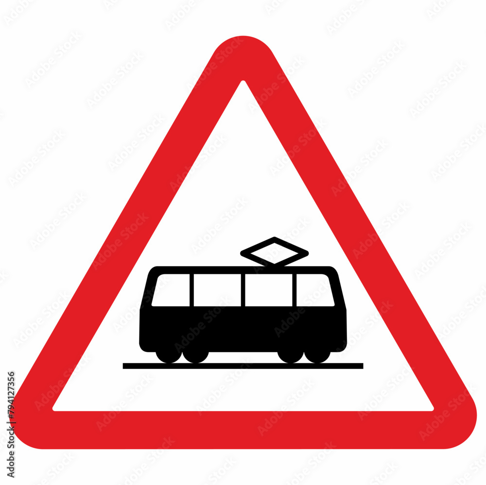 Tramway Sign road sign, watch out for trams, traffic sign, silhouette of tramway at ...