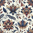 A pattern of luxurious colored ornamental flowers and leaves on a light background