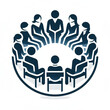Vector graphic style image of a group of people sitting around a round table or in a circle symbolizing a meeting, discussion or collaboration