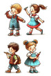 A set of images of boys and girls with pencils, the theme of children's drawing