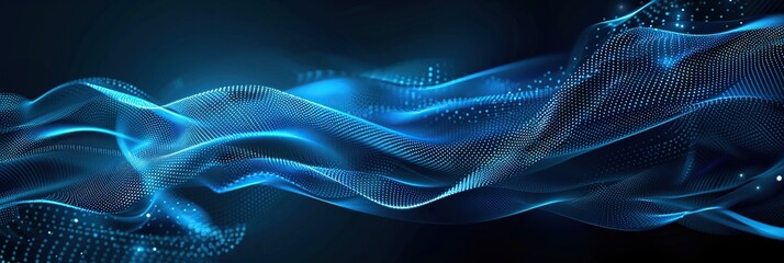Poster - Abstract blue wave with dots and lines on dark background, technology concept banner.