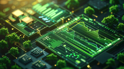 Poster - Renewable energy monitoring platform design illustration It provides a real-time visualization of solar energy production data. With interactive 3D graphs and charts surrounded by virtual green spaces