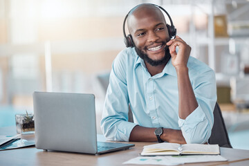 Poster - black man, headset and consultant in office, laptop and call centre operator or secretary. male pers