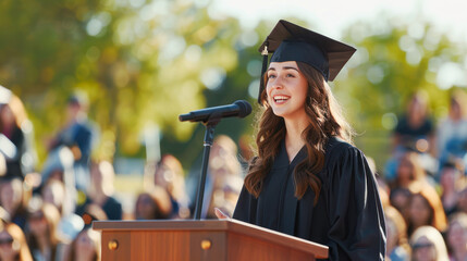 Canvas Print - Young happy woman in a gown and a mortarboard stands at a podium and gives a graduation speech. Valedictorian young female student wearing graduation hat giving graduation speech to the audience