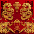 Happy chinese new year 2025 the snake zodiac sign with flower,lantern,asian elements snake logo red and gold paper cut style on color background. ( Translation : happy new year 2025 year of the snake)