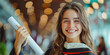 © Dina Photo Stories - Happy young caucasian grad woman is smiling, blurred class mates are behind. She is in a mortar board, with red tassel, in gown, with nice brown curly hair, diploma in hand Celebrating graduation