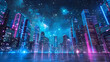 Vibrant neon lit cityscape with a backdrop of starry space sleek skyscrapers showcasing advanced futuristic technology