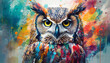 Abstract animal Owl portrait with colorful double exposure paint