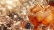 A glass of soda with ice cubes in it is pouring out of the glass. The image has a light and playful mood, as the soda is being poured out of the glass in a fun and casual way