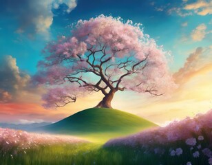  Digital art of a solitary cherry blossom tree atop a lush hill with vibrant flowers against a dreamy sunset sky