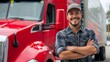 © volga - Smiling truck driver standing in front of a red semi truck