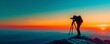 A banner Illustration of a silhouette of a male photographer in the Antarctic taking photographs on a tripod at sunset, snowy landscape

