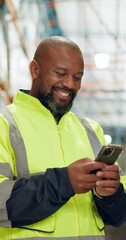 Poster - Black man, smartphone and happy in warehouse for management, inspection and maintenance. Supervisor, phone and typing in factory for compliance, logistics or inventory with supply chain industry