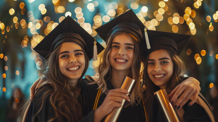 Wall Mural - Happy young caucasian grad women is smiling and holding diploma. Happy female students with nice brown curly hair wearing black mortarboards and gowns, holding diploma in hands. Celebrating graduation