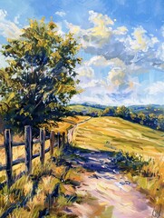 Poster - Sun Dappled Countryside Landscape with Winding Path and Lush Foliage