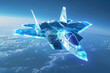 A blue fighter jet is flying through the sky