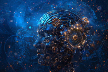 Poster - a blue head with a lot of gears and numbers surrounding it