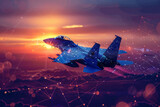 Fototapeta  - A blue fighter jet is flying through the sky at sunset